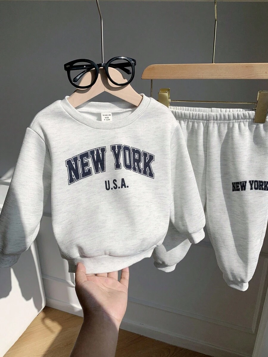 SHEIN 2pcs/Set Baby Boy/Girl Cute Casual Sports Grey Letter Print Long Sleeve Hoodie And Pants Tracksuit - Multicolor - View 1