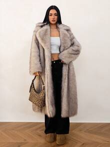 SHEIN Tall Women's Winter Stand Collar Long Sleeve With Pockets Long Elegant Fluffy Coat Long Fur Coat,Fall - Light Grey - View 7