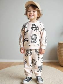 Playful Pals 秋季男童休闲动物印花长袖卫衣和裤子两件套