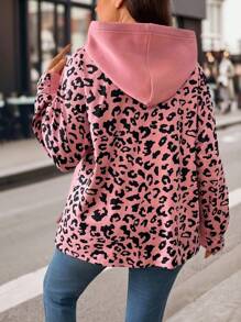 EMERY ROSE Sweatshirt Lengan Panjang Wanita Ukuran Plus Motif Leopard Kontras dengan Lapisan Fleece, Atasan Kasual untuk Aktivitas Luar Ruangan, Pullover Gaya Unik untuk Musim Gugur dan Musim Dingin. - MultiWarna - View 2