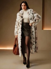 Anewsta Women's Fashion Long Sleeve Leopard Print Long Faux Fur Coat - Beige - View 5