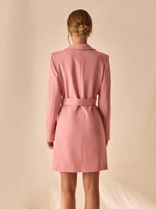 Women, Autumn, Jacket, Long Sleeve, Pink, Pocket, Belted, Button, Casual - Pink - View 2