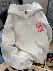 Flirla 大码女款“more Amor Por Favor”字母印花抽绳连帽衫，秋冬款 - 淺灰色 - 查看 2