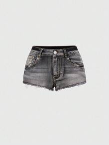 ROMWE J-Fashion Quần short denim nữ thêu họa tiết phong cách Punk Y2K cạp thấp siêu ngắn có khóa kéo và túi đinh tán - màu đen - Xem 2