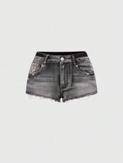 J-Fashion Vintage Y2K Punk Style Super Low Waist Super Short Zipper Rivet Pocket Embroidered Women Denim Shorts