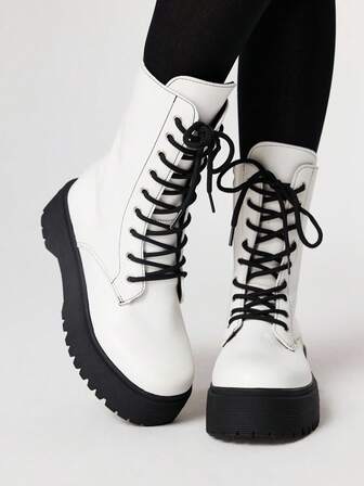 Goth Women's Dark Punk Gothic Lace-Up Motorcycle Boots, Platform Thick Sole Ankle Boots And Short Boots