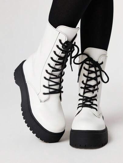 Goth Women's Dark Punk Gothic Lace-Up Motorcycle Boots, Platform Thick Sole Ankle Boots And Short Boots