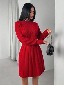 EURMUSE Vestido curto de malha com decote redondo casual, cor sólida, malha plissada, formato A, para o Natal - Vermelho - Ver 7