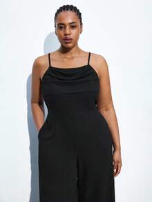 Maija Plus Size Black Sleeveless Pleated Front Wide Leg Jumpsuit,Summer Elegant Formal Evening Casual Solid Color Business Modest Vintage Teacher Outfits - Black - View 6