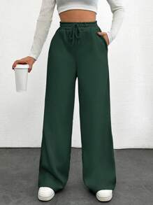 SHEIN Cottnline Women's Solid Color Drawstring Waist Cargo Pants - Dark Green - View 4