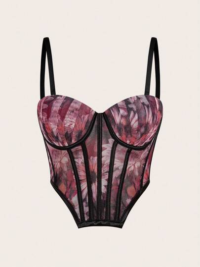 SHEIN SXY 优雅性感休闲约会浪漫粉色花卉印花褶皱撞色条纹装饰紧身胸衣吊带背心上衣，内置罩杯，春夏