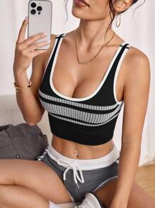 SHEIN Sovereign Charm Top corto casual sin mangas para mujer con rayas de contraste - Negro - Ver 1