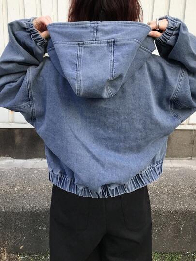 FRIFUL Áo khoác denim hoodie dài tay có túi khóa kéo phía trước dành cho nữ