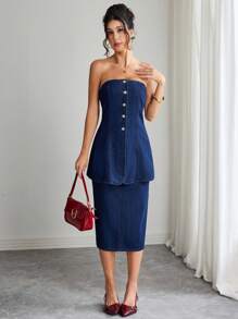 Selianne Women's Front Button Bandeau Top And Denim Skirt 2-Piece Set - Blue - View 1