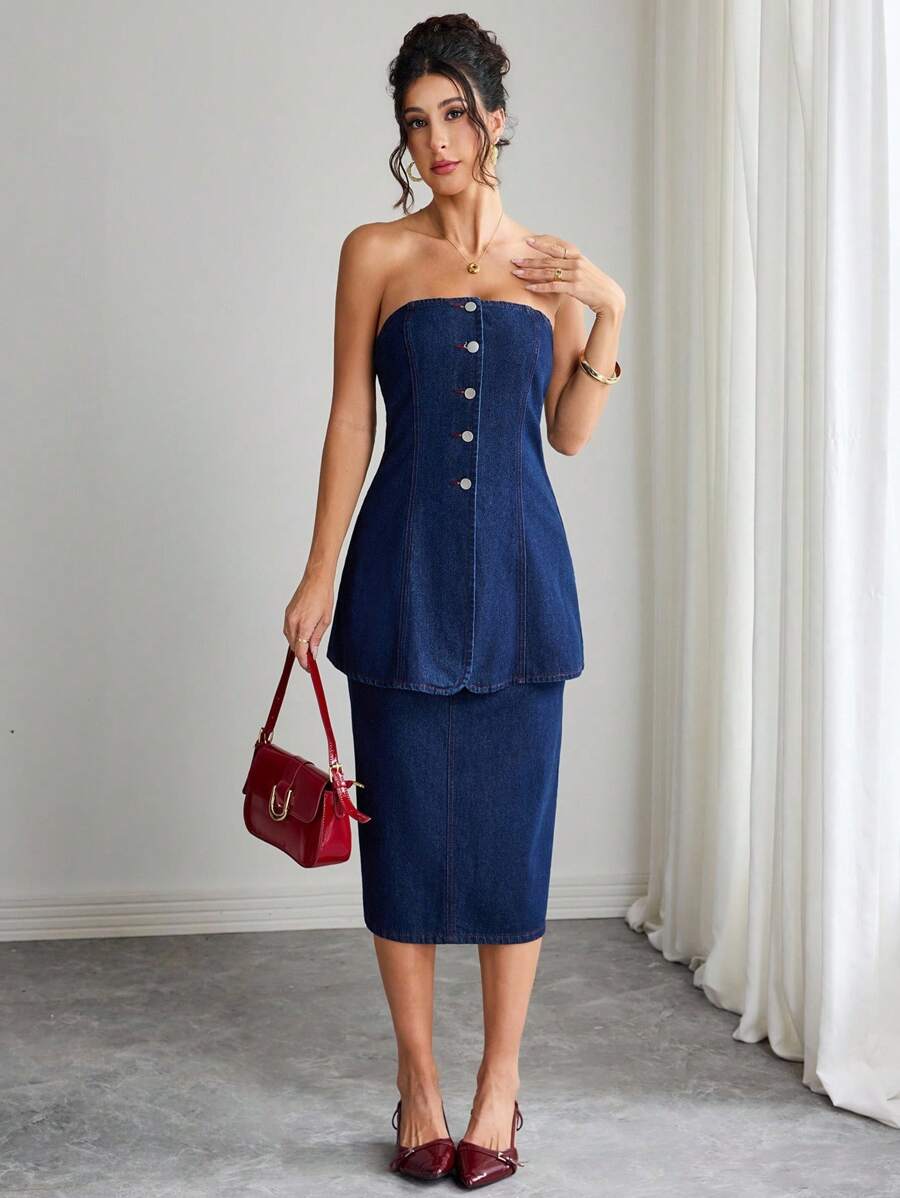 Selianne Women's Front Button Bandeau Top And Denim Skirt 2-Piece Set - Blue - View 1