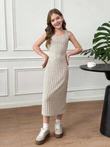 SHEIN Serisse Kids Tween Girl Casual Chic French Elegant Ribbed V-Neck Long Sleeve Fitted Cardigan Jacket With Slim Fit Maxi Dress Set, Suitable For Weekend, Casual Outing, Back To School, Tween Matching Set Knit, Knit Two Piece Set, Casual Two Piece Set, Girls Ribbed Set, Girl Knit Set Fall Winter