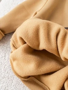 3件套男童卡其色加厚保暖休闲舒适百搭可爱小熊印花圆领套头卫衣+休闲加厚长裤+无袖连帽背心外套套装，秋冬季 - 卡其色 - 查看 4