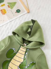 Cozy Pixies 男童卡通恐龙图案针织柔软连帽长袖套头衫 - 綠色 - 查看 4