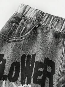 SHEIN Girlism Tween Girl, pantaloni largi cu efect de denim în stil stradal, top crop subțire, cu mânecă lungă, top cu glugă, ținută din 3 piese, modă