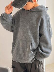 SHEIN Little Byeori Young Boys' Casual Korean Style Loose Fit Fleece Crew Neck Sweatshirt, Suitable For Commuting, School, Daily Casual Wear, Sports, Autumn/Winter - Grey - View 1
