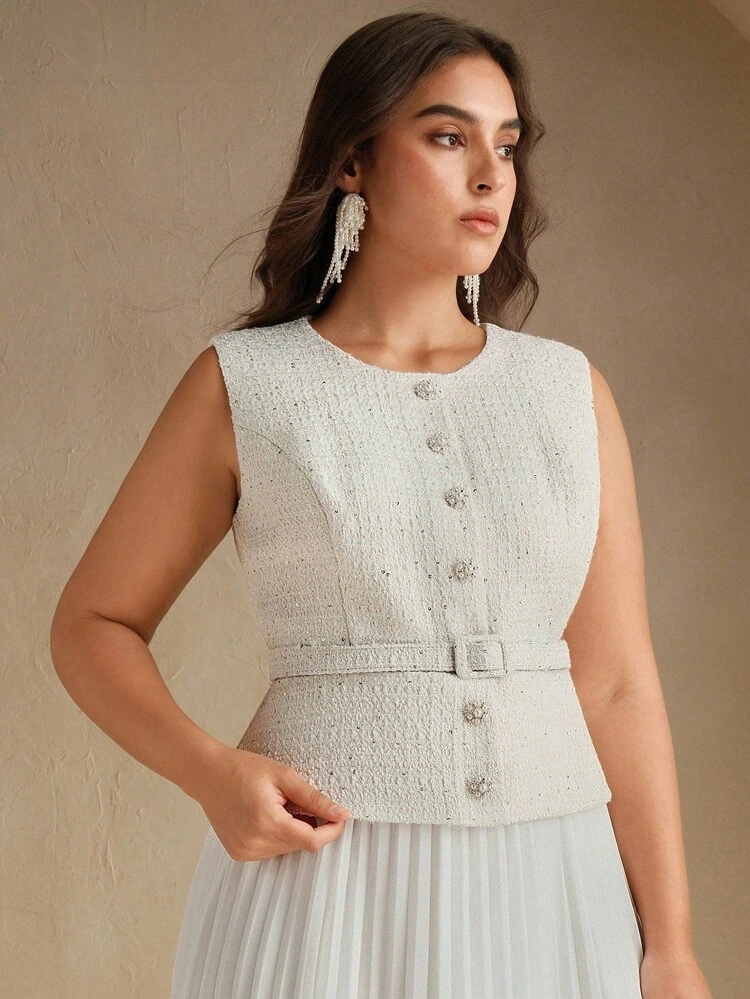 Plus Size Women's Round Neck Sleeveless Belted Dress