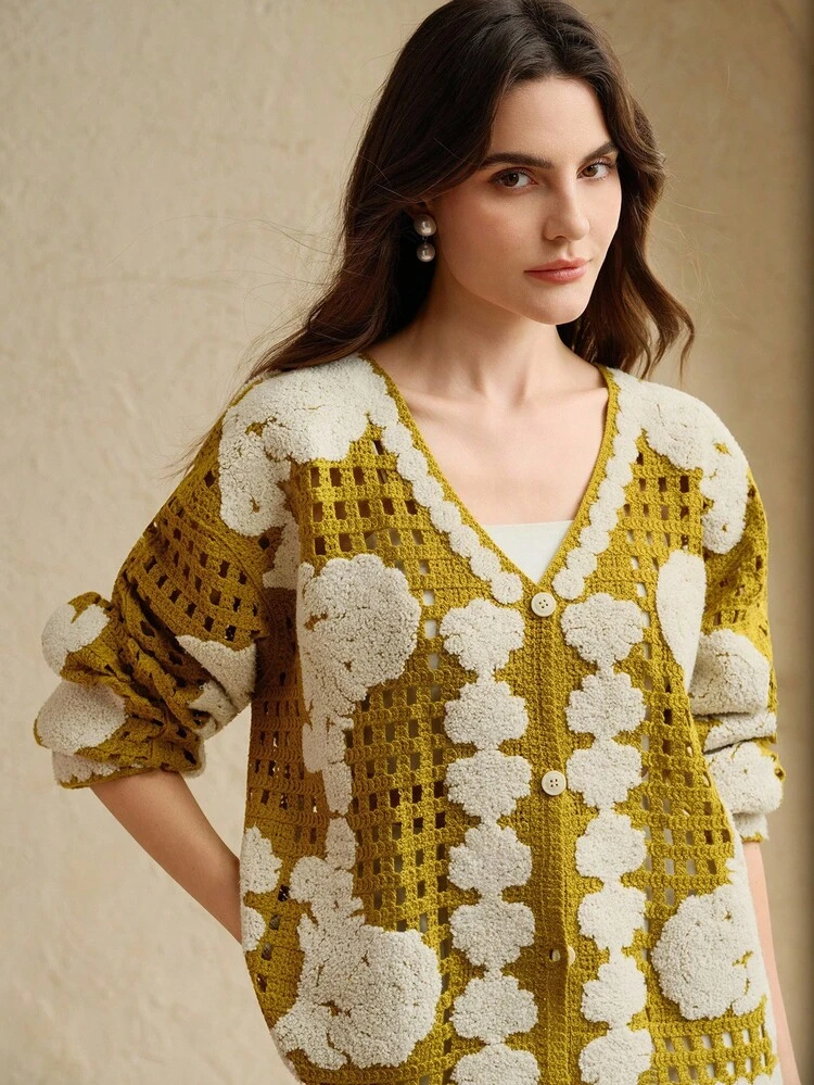 Women's Floral Pattern Long Sleeve Single-Breasted Hollow Out Knitted Cardigan