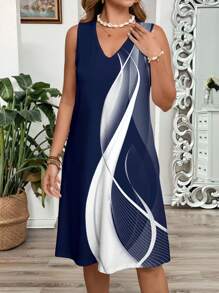 EMERY ROSE 大码女式拼色抽象印花 A 字形度假连衣裙、V 领无袖背心裙、时尚夏季连衣裙太阳裙海滩女装 - 彩色 - 查看 3