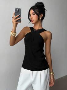 Elenzga Áo len dệt kim cổ chéo thiết kế tối giản, giản dị - màu đen - Xem 5