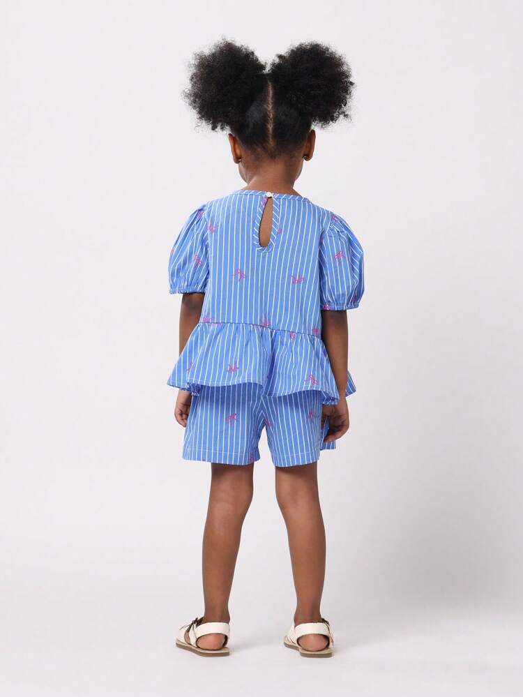 Striped Puff Sleeve Top With Bow Detail And Matching Shorts