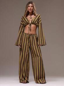 MUSERA 女士条纹系带长袖上衣，夏季度假海滩伊比沙岛春季款 - 棕色 - 查看 3