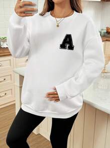 SHEIN 2pcs Maternity Contrast Color Print Round Neck Long Sleeve Solid Color Pants Set  Fall Clothes - Black and White - View 3