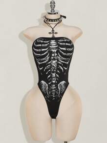 SHEIN ICON 女式骷髅印花吊带背心紧身衣 - 黑色 - 查看 1
