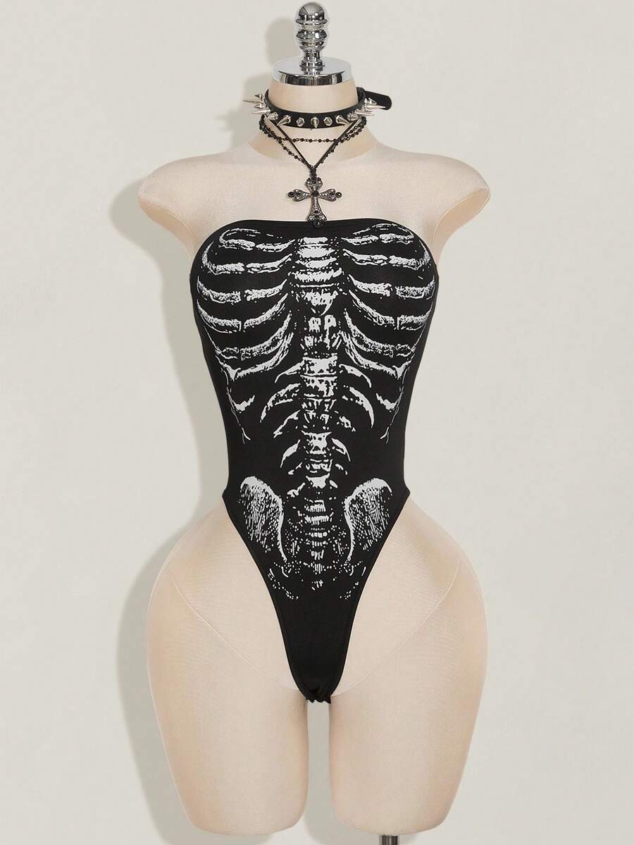 SHEIN ICON 女式骷髅印花吊带背心紧身衣 - 黑色 - 查看 1