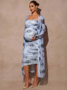 MaterniChic 2pcs/Set Pregnant Women Party Wear Sequined Long Cardigan And Solid Color Ruched Fitted Tube Dress, For Baby Shower Party, For Maternity  Fall Clothes  Maternity  Baby Shower - Blue - View 3
