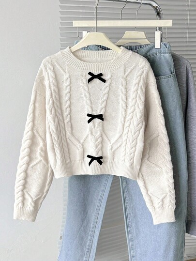 Women & Teen Girls' Back To School Classic Jacquard Textured Knit Sweater With Bowknot Decor, Comfortable Versatile Casual Minimalist, Warm & Soft For Autumn/Winter Fall