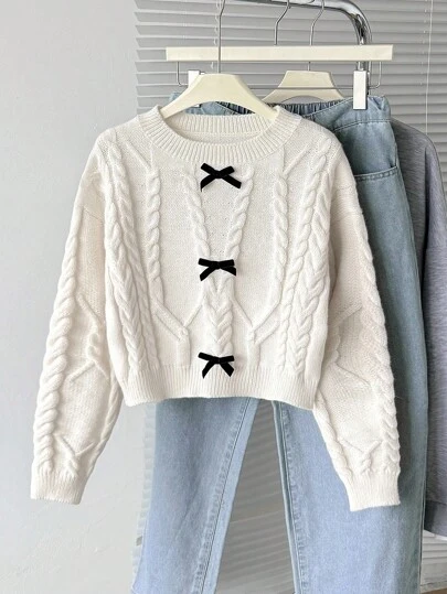 Sparklyn 少女返校季经典提花针织毛衣，饰有蝴蝶结，舒适百搭，休闲简约，秋冬季保暖柔软。