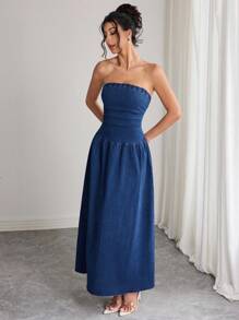 Elenzga Váy denim không tay, không dây màu trơn dành cho nữ - Màu xanh lam - Xem 4