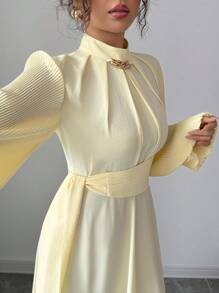 Selianne 女士优雅休闲中长连衣裙，法式浪漫西西里风格，纯色柔和黄色，立领，褶袖，腰带，松紧后腰，仿金属装饰，适合通勤、度假、下午茶、派对 - 淡黃色 - 查看 3