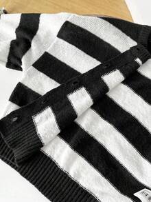 Teen Girl Casual Daily Contrast Stripe Button Front Cardigan Cropped Cardigan Striped Cardigan Black And White Cardigan Teen Cardigan Girl Cardigan - Black and White - View 6