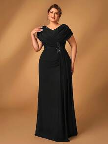 Serin 加大码优雅奢华刺绣海军蓝褶皱A字长款新娘妈妈礼服 - 黑色 - 查看 7