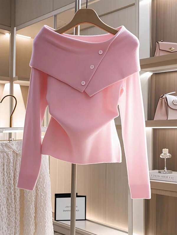 Franclia New Slim Fit Gentle Sweet Minimalist Off Shoulder Collar Pullover Top For Women, Spring/Autumn Fall Winter Cloth For Women