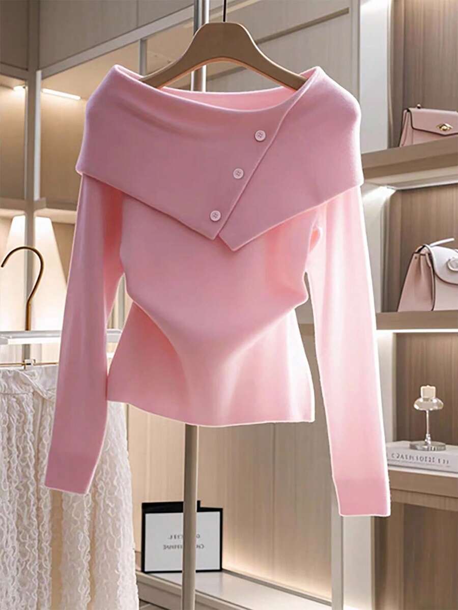 Franclia Neue schlank geschnittene, sanft süße, minimalistische Pullover-Bluse, Off-Shoulder für Frauen, Frühling/Herbst - Pink - Übersicht 1