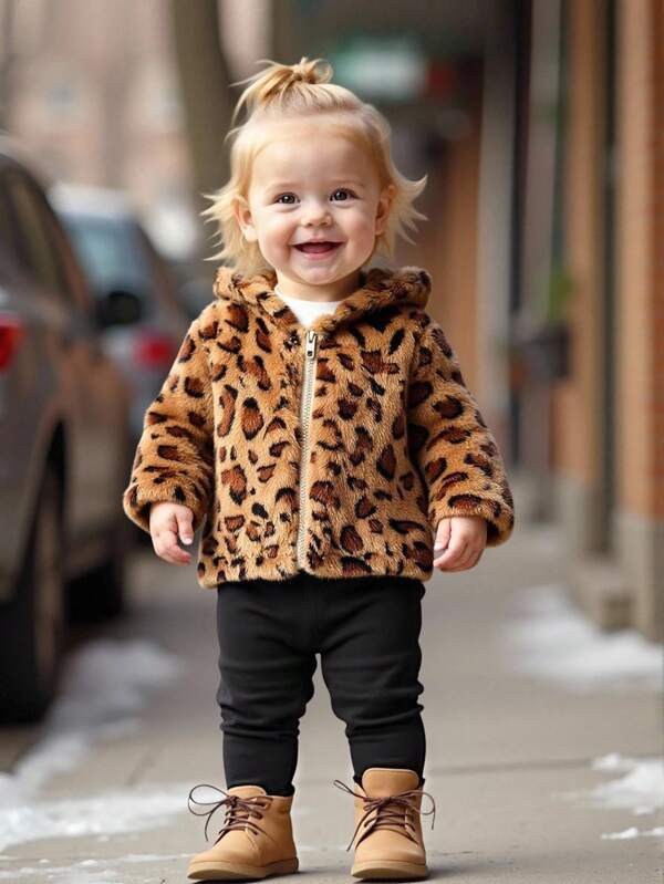 SHEIN Baby Girls' Fashionable Casual Versatile Hooded Zip-Up Jacket, Suitable For Autumn/Winter, Daily Wear Baby Girl Leopard Print Jacket Baby Leopard Print Hoodie