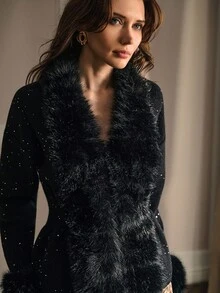 MOTF PREMIUM FURRY TRIM CONTRAST SEQUIN CARDIGAN FOR AUTUMN & WINTER - Black - View 3