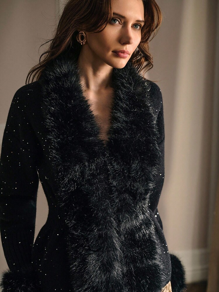 MOTF PREMIUM FURRY TRIM CONTRAST SEQUIN CARDIGAN FOR AUTUMN & WINTER - Black - View 2