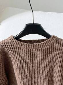 SHEIN 少女秋冬棕色咖啡色针织罗纹袖口蝴蝶结宽松套头毛衣，适合秋冬休闲日常穿着，可与妈妈搭配，时尚秋季，母女棕色针织毛衣，袖口系带 - 鏽棕色 - 查看 7