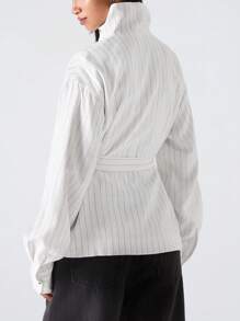 LYSMO Áo khoác trench coat dài tay cổ lọ kẻ sọc thời trang đa năng cho nữ mùa thu/đông - trắng - Xem 3