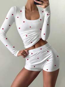 INAWLY 2pcs Casual Fitted Square Neck Long Sleeve T-Shirt & Shorts Pajama Set Fall Cloth For Women