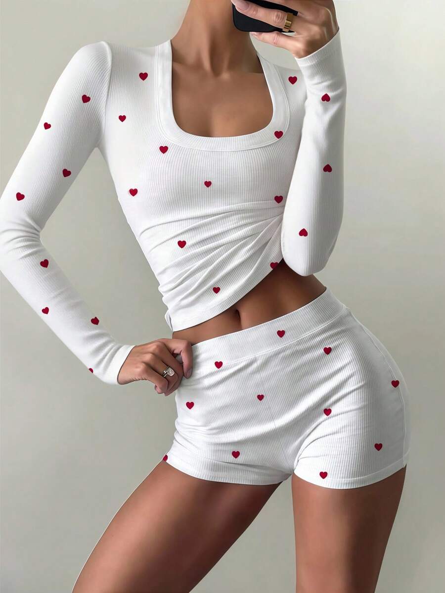 INAWLY 2pcs Casual Fitted Square Neck Long Sleeve T-Shirt & Shorts Pajama Set Fall Cloth For Women