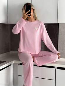 EURMUSE Conjunto de 2 peças de camisa e calça de manga comprida com bordado de coração e gola redonda plus size para mulheres, roupa de casa elegante - Rosa - Ver 6
